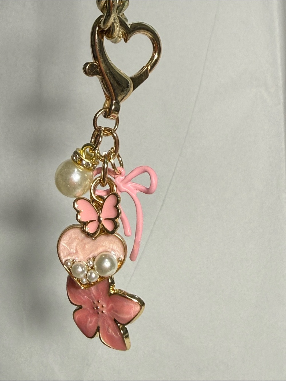 Pink Heart & Flower Charm Keychain with Pearls